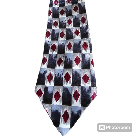 Vintage 90s Corner Stone Red Gray Geometric Silk Neck Tie - Picture 1 of 4